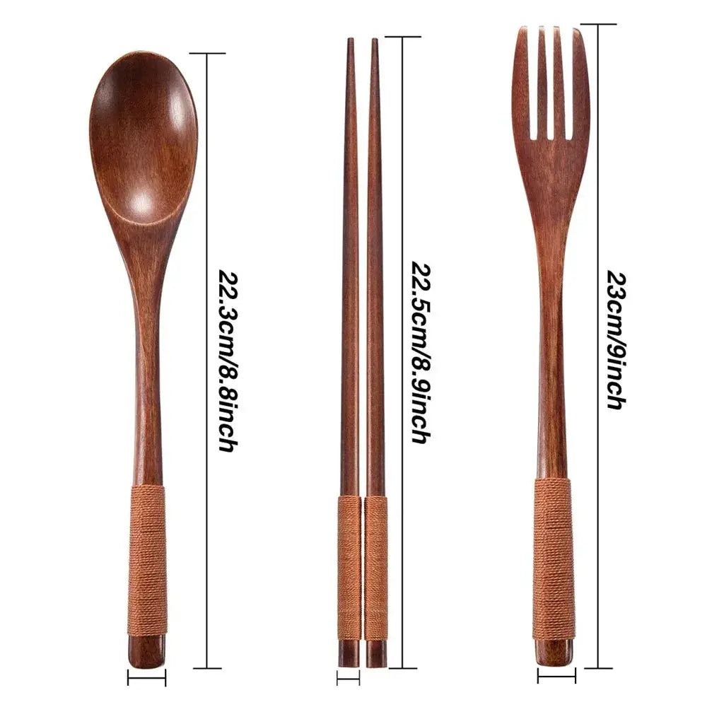 Natural Wood Tableware Three Piece Set Spoon Fork And Chopsticks Portable Travel Cutlery Eco Friendly Japan Style Design