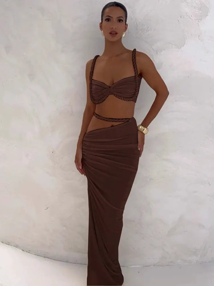 Kliou Woven Sexy Women Two Piece Set With Pleated Crop Camisoles And High Waist Maxi Skirt Contouring Stretch Fabric