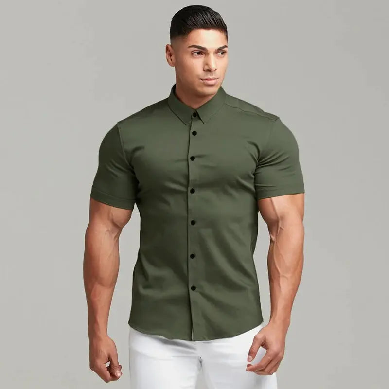 Slim-fit men's olive green short-sleeve dress shirt for casual and formal wear, versatile and stylish