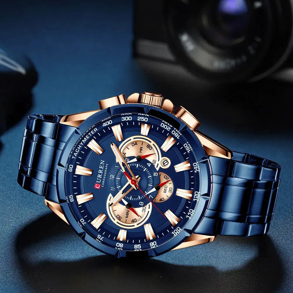 CURREN 8363 men's chronograph watch with large blue dial, blue stainless steel band, rose-gold-tone case, luminous hands