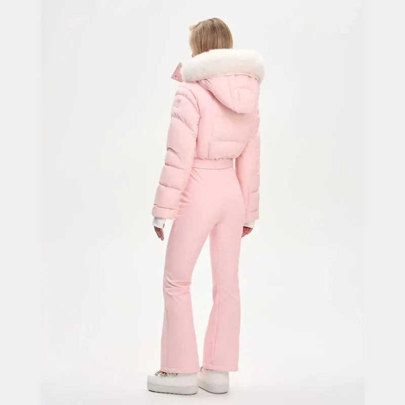 Pink women's thicken one-piece ski suit with faux-fur hood and waist belt, windproof waterproof jumpsuit
