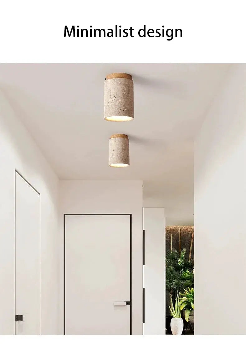 Two Japanese style LED ceiling lamps; round concrete stone bodies with wood caps, surface-mounted downlights