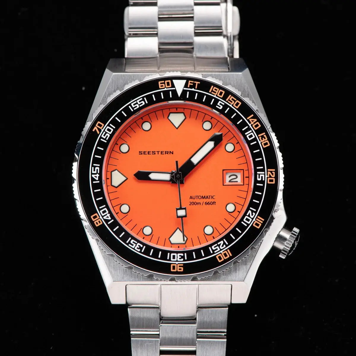Seestern Sub600T V3 dive watch with orange dial, ceramic bezel, stainless steel bracelet, automatic NH35 movement