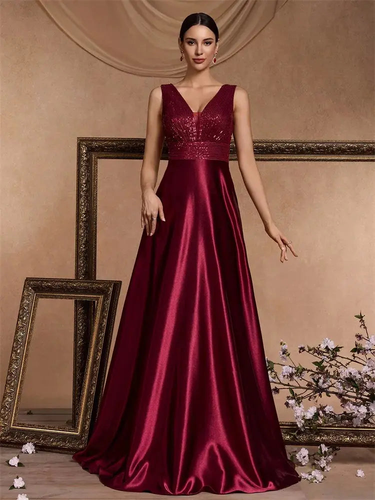 Emerald Green Sequin Evening Dress V Neck Satin Prom Floor Length