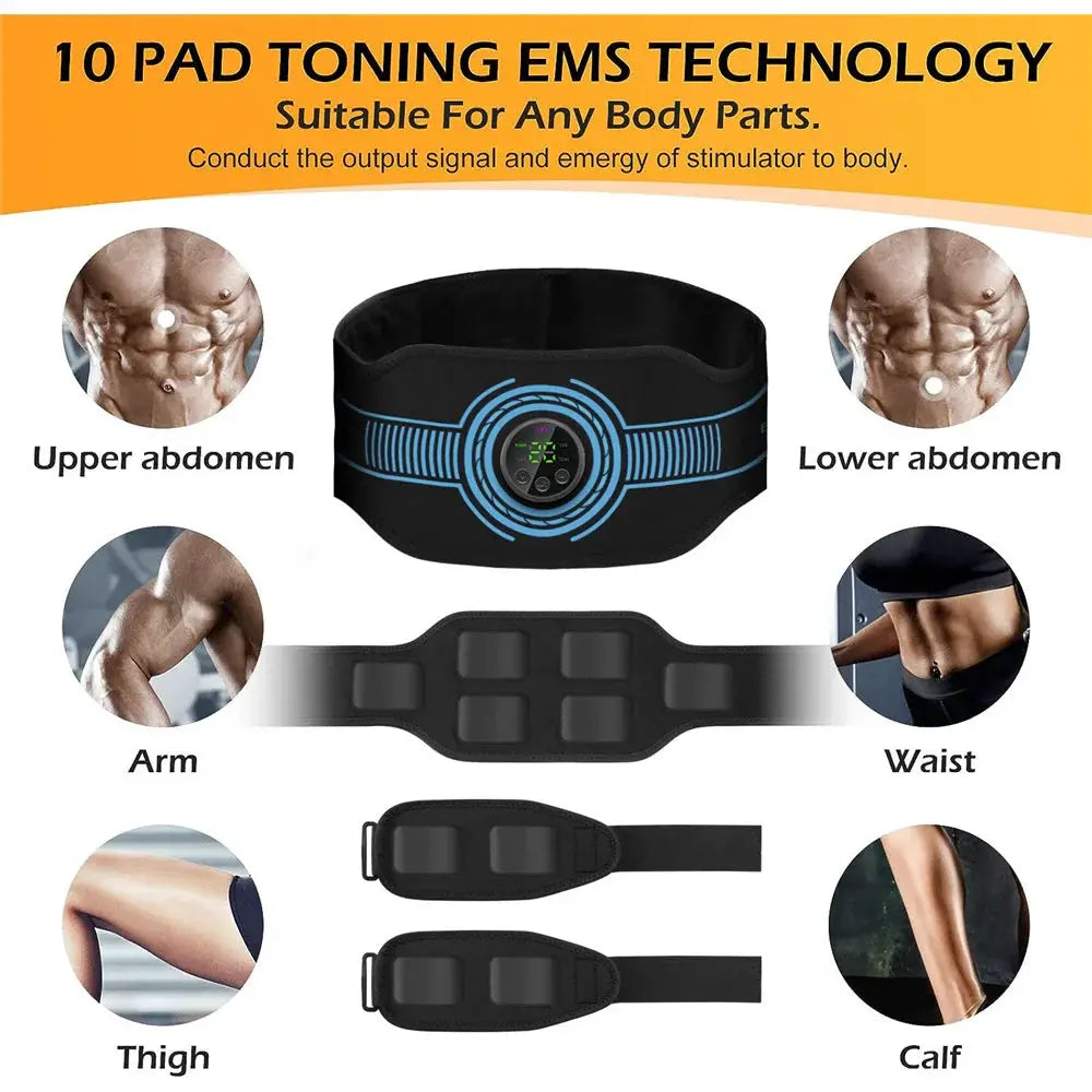 EMS belt massage set by Simples Market; black abdominal fitness belt with 10 EMS pads and USB charging