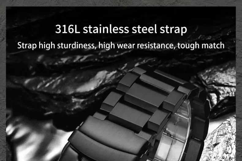 Addies Men Military Watch with 316L stainless steel strap, black metal bracelet, waterproof quartz