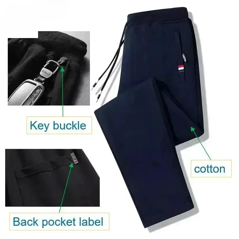 Men's navy cotton jogger pants with elastic waist and drawcord.