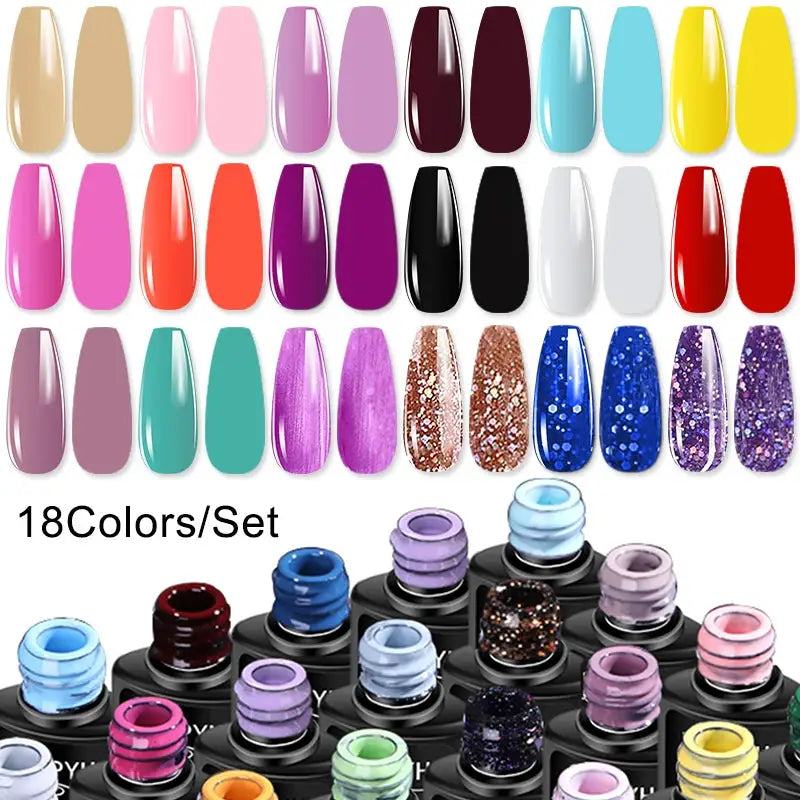 Professional gel nail polish kit with 18-color set of gel polishes in assorted shades