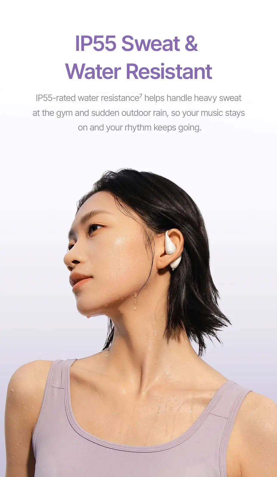 Baseus BF1 Lite open-ear sport wireless earbuds in white, worn by a model; IP55 sweat and water resistant
