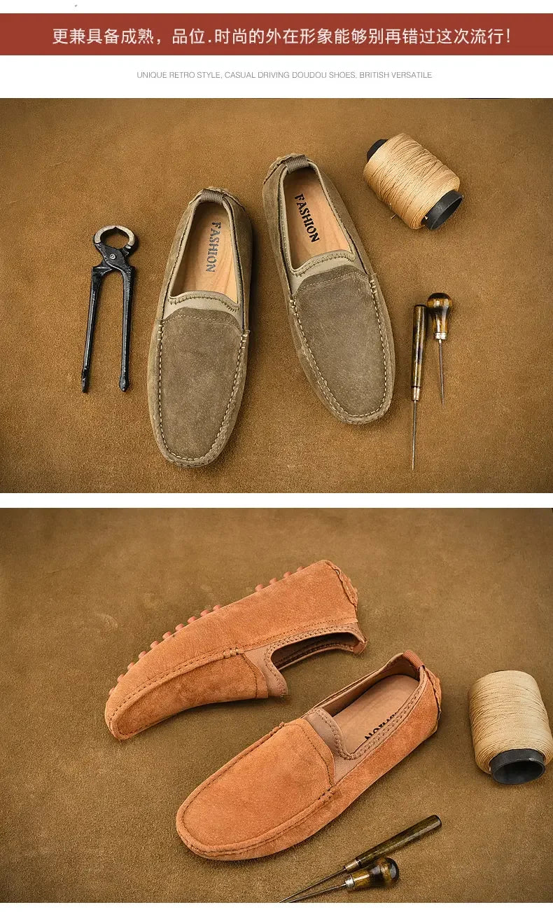 Men's driving shoes by Simples Market; two pairs of handmade suede loafers in taupe and brown