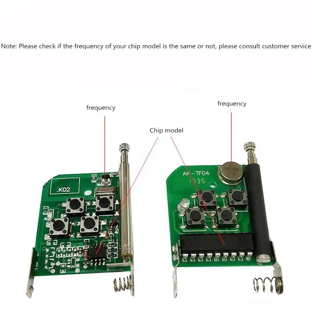Simples Market 433MHz remote garage door opener clone kit; two green PCBs with push buttons and antennas