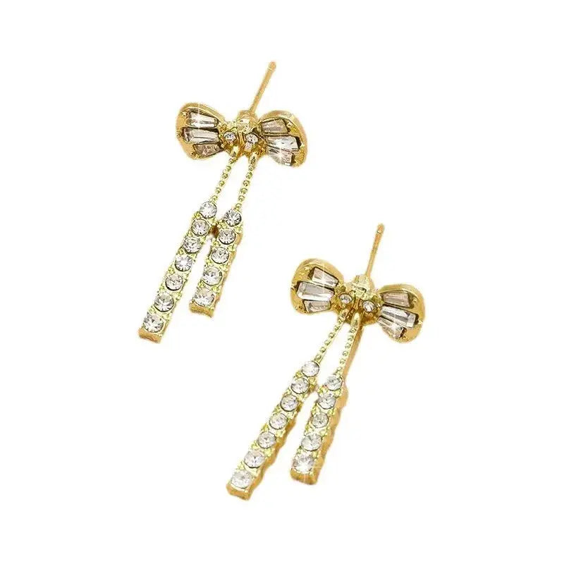 Korean Niche Design Full Diamond Bow Tie Tassel Earrings Elegant Sparkle Temperament Jewelry