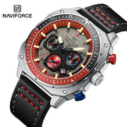 Naviforce men's sport watch with black leather strap and red bezel, multi-dial face