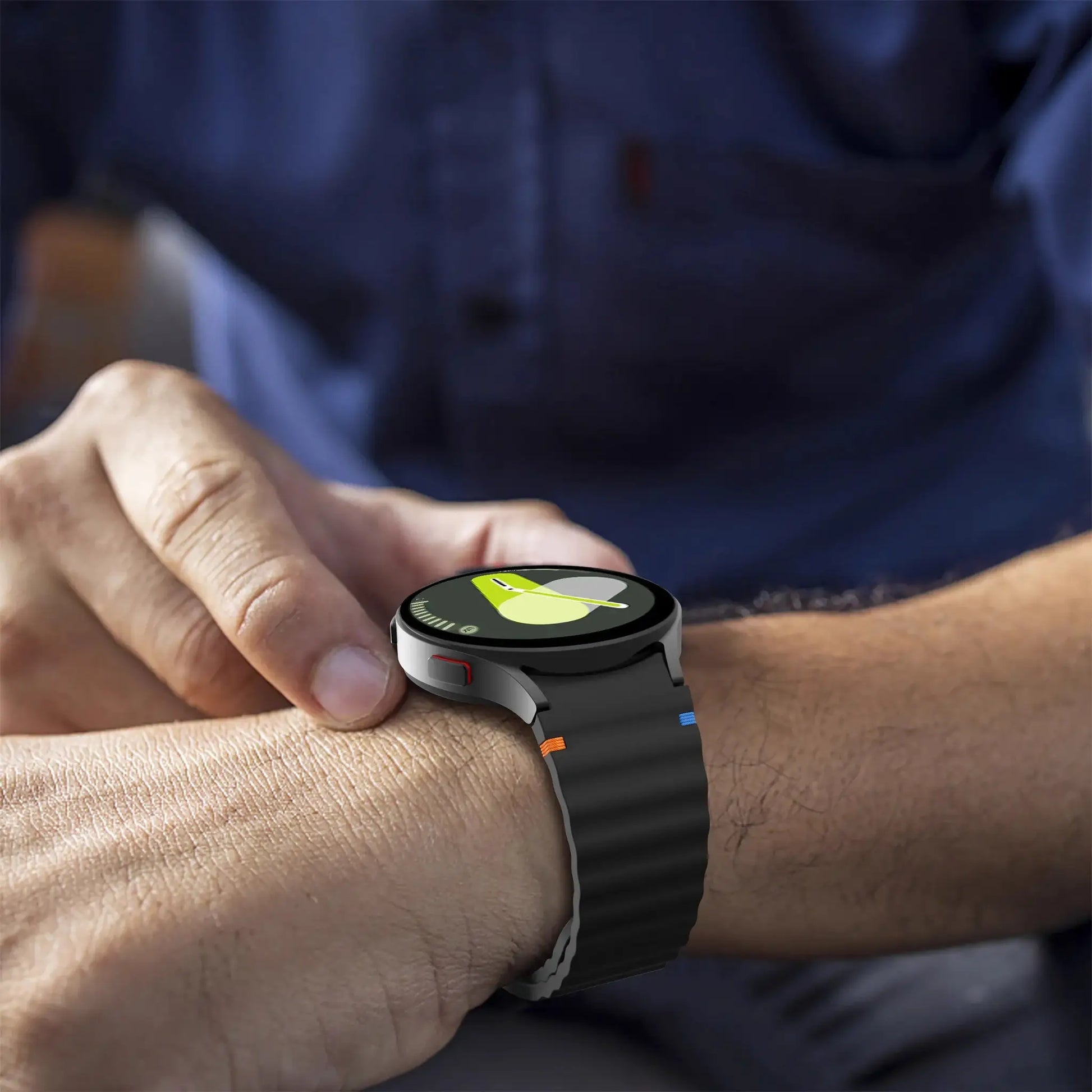 Simples Market silicone sport strap for Samsung Galaxy Watch (44mm/40mm), black with orange and blue stitch accents.