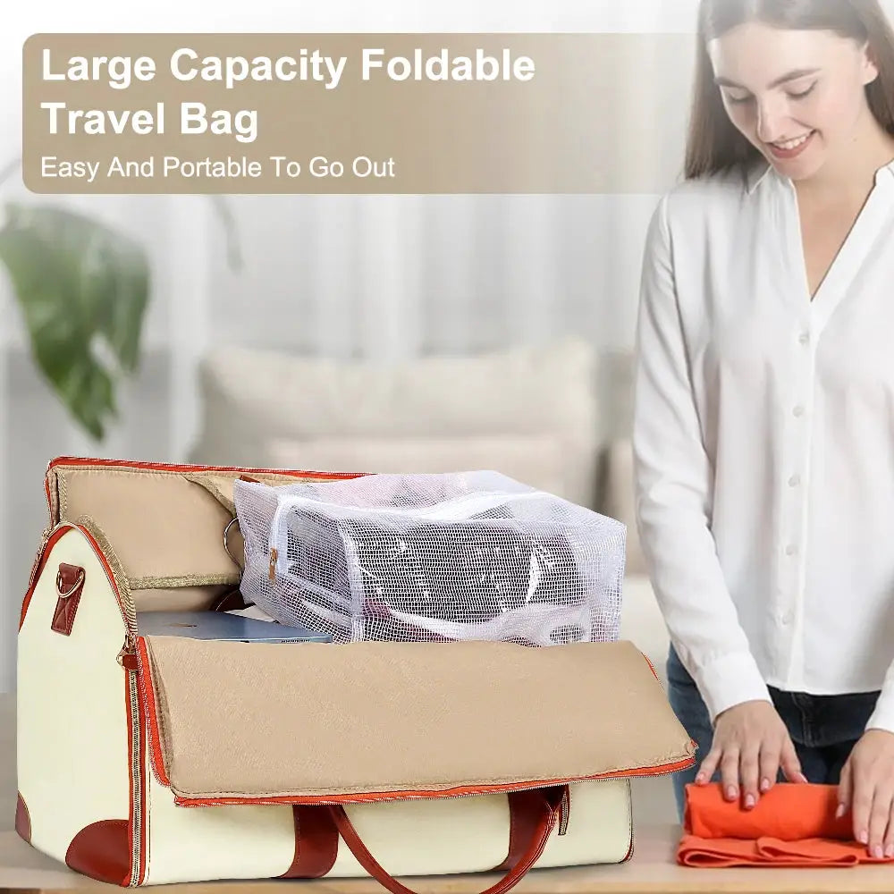Foldable travel bag by Simples Market, large-capacity beige tote with red trim and mesh organizer