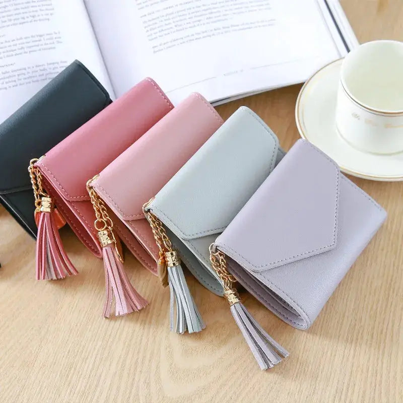 Simples Market PU leather tassel wallet set for women; 5 pastel color coin purses with gold-tone tassels