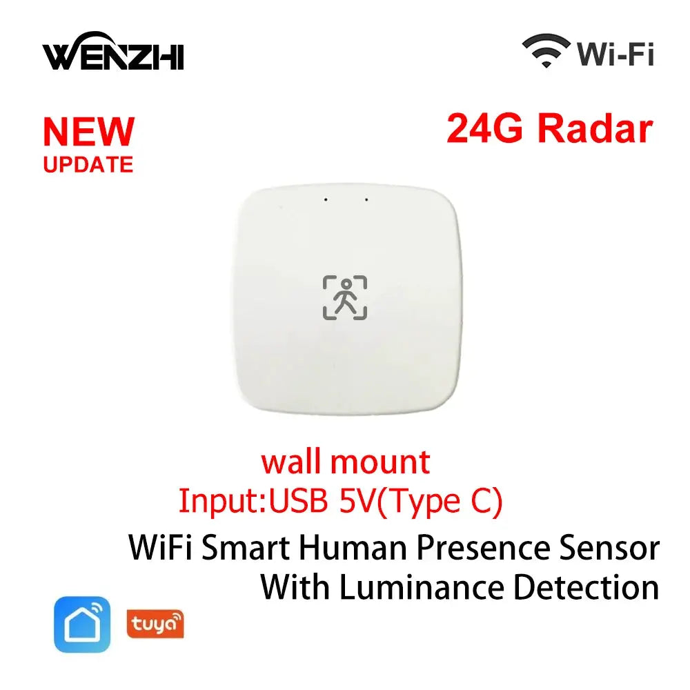 Wall-mount WiFi smart human presence sensor with luminance detection; white square device with WENZHI logo