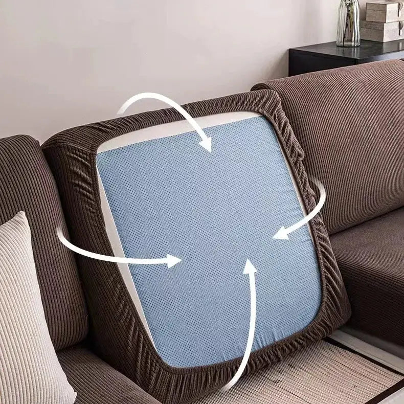 Removable blue sofa seat cushion cover with brown border; stretch jacquard fabric.
