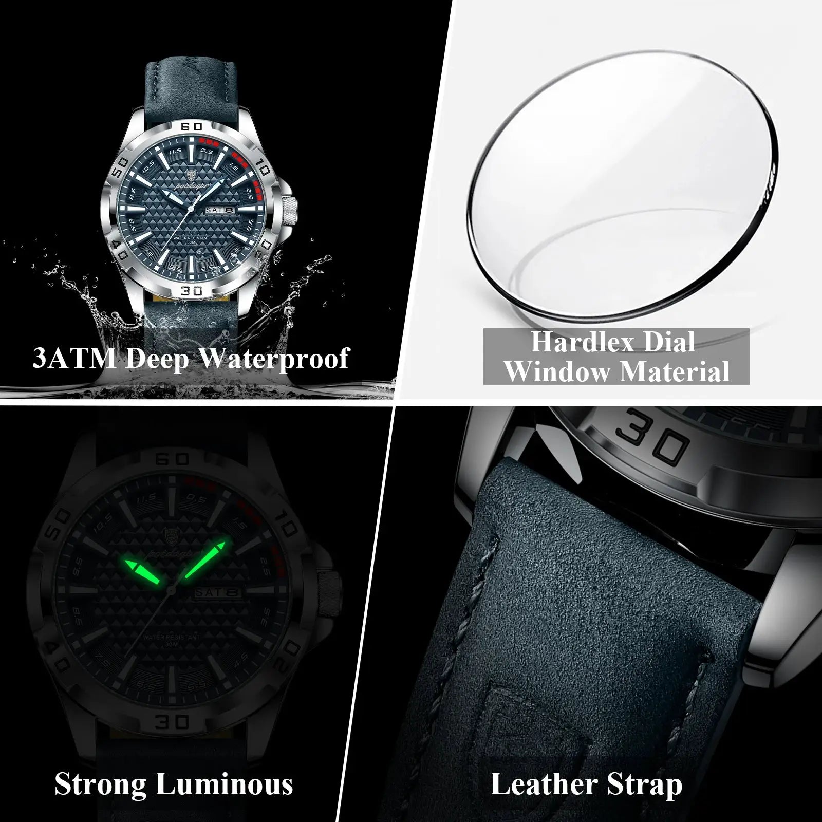 POEDAGAR men's wristwatch with blue patterned dial, stainless steel case, and leather strap, 3ATM water resistant