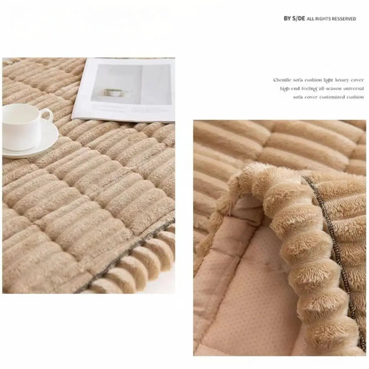 Sofa pad by Simples Market: thick quilted stripe flannel in beige with plush underside.