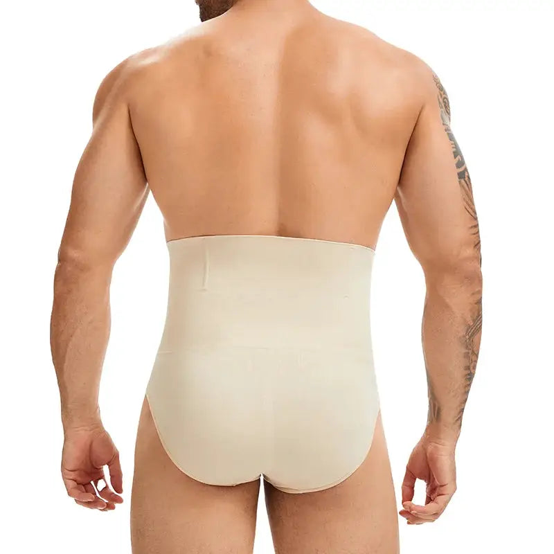 Miss Moly men's high-waist shapewear short in beige with double-layer tummy control and 3D pouch butt lifter.