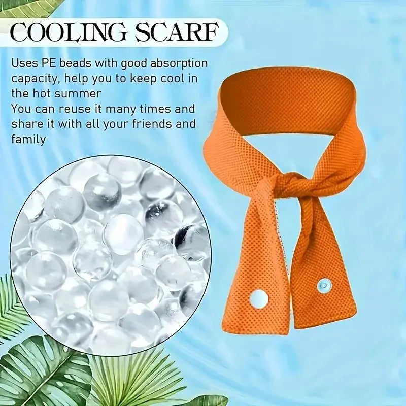 Cooling scarf with orange mesh fabric and ice-bead cooling core, tied around the neck.