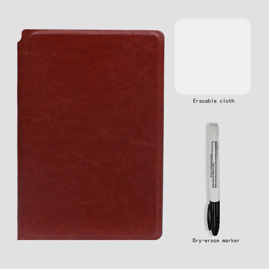 A5 leather whiteboard notebook set in red, includes dry-erase marker and erasing cloth
