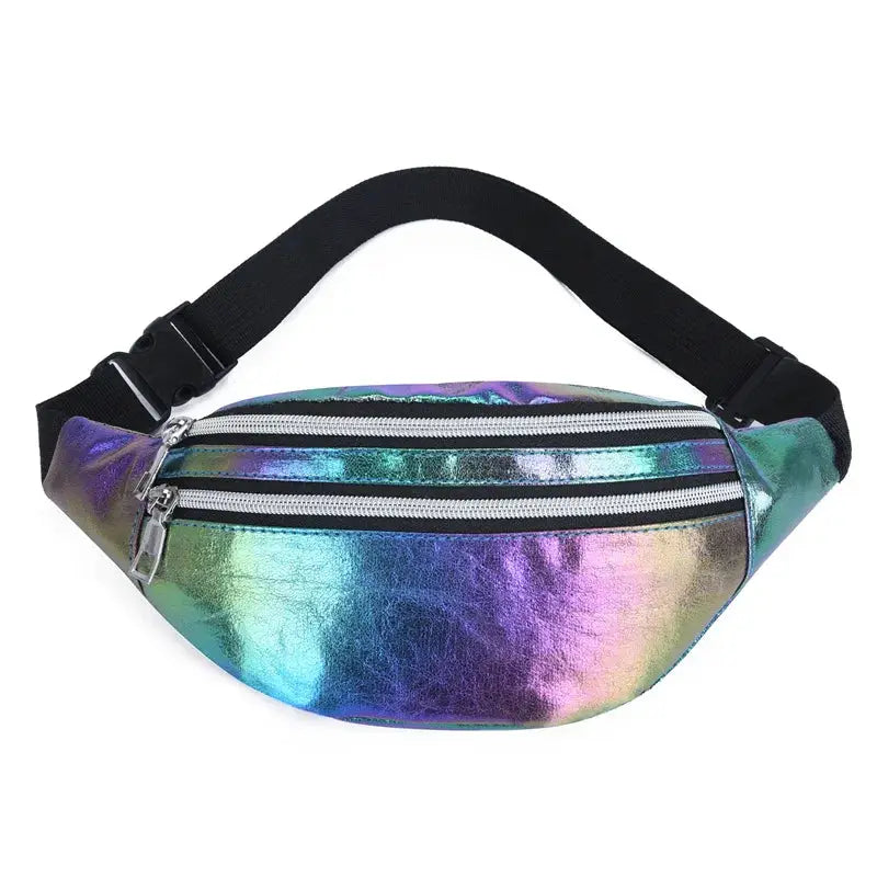 Holographic rainbow fanny pack with black adjustable strap and dual zip pockets
