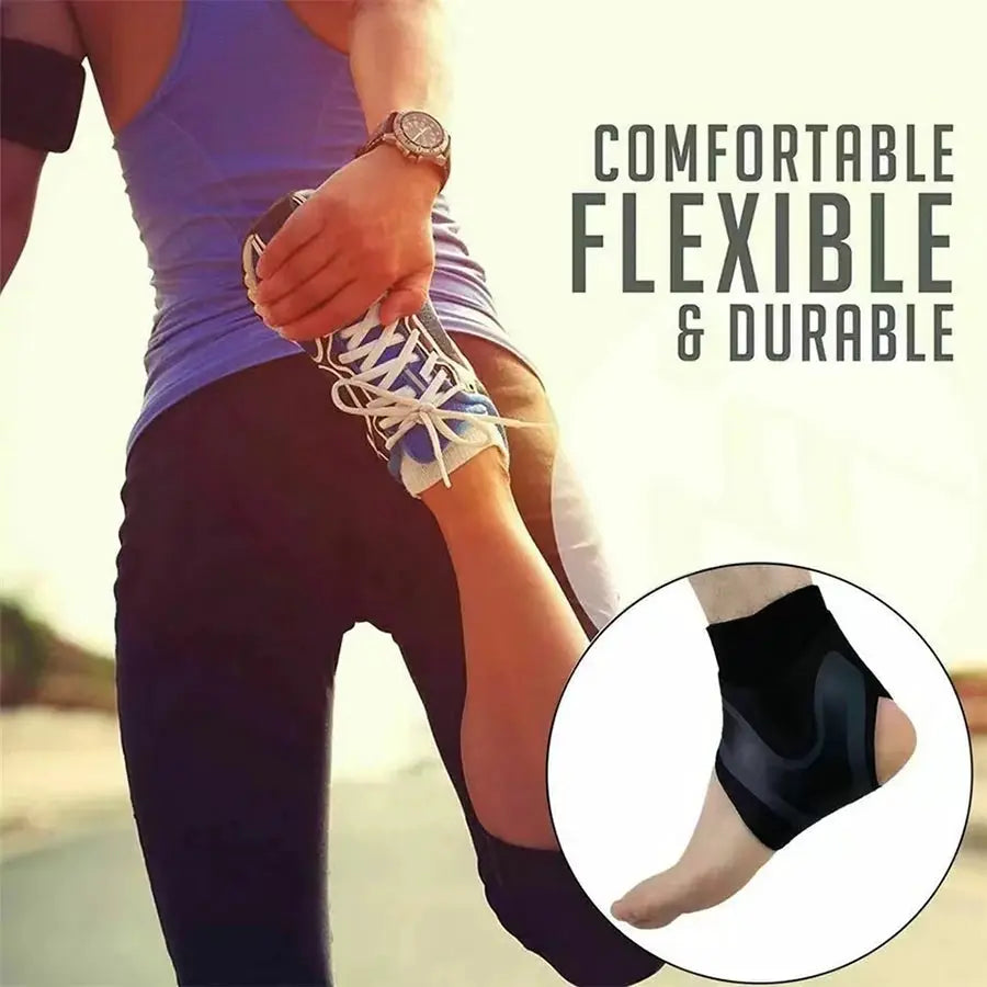 Ankle brace support compression sleeve, breathable; inset shows black ankle wrap.