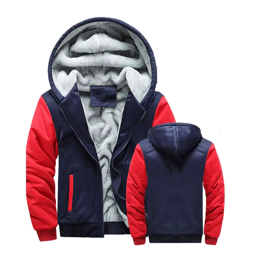 Men's winter jacket navy with red sleeves, zip front, hood, fleece-lined outerwear by Simples Market.