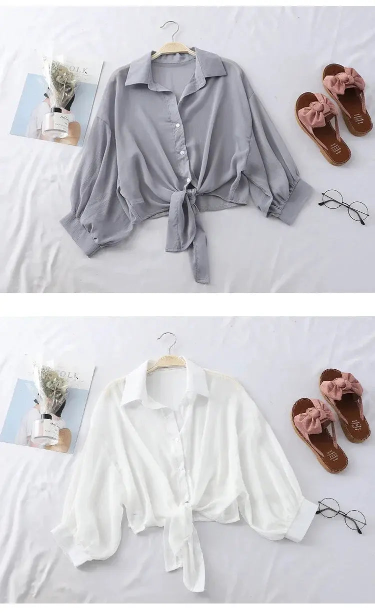 Chiffon tied-waist blouse, casual loose bat-sleeve shirt in white and gray-blue, two color options, Simples Market