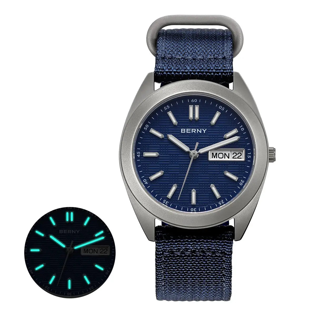BERNY men's wristwatch with blue dial, titanium/silver case, navy fabric strap, date/day window, 38mm, luminous hands
