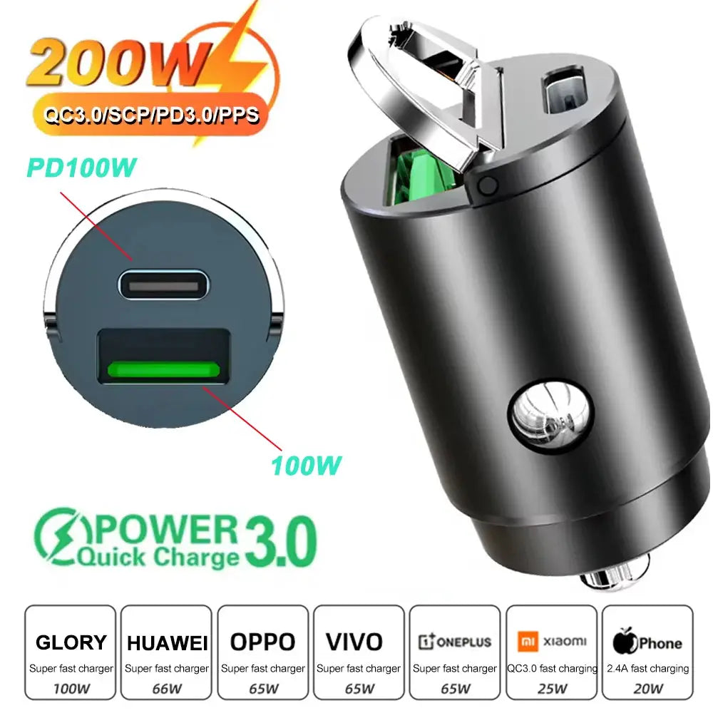 Car 100-200W Dual Port Mini USB Charger Ultra Fast Charging For Cigarette Lighter Socket 12-24V Aluminum Alloy