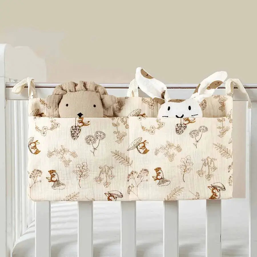 Two Pocket Baby Bedside Hanging Storage Bag Attaches to Crib Stroller Breathable Cotton Organizer for Diapers and Toys