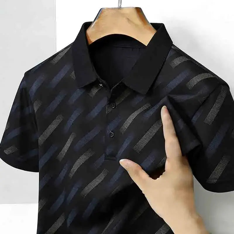 Men's polo shirt with diagonal navy and gray stripes, short sleeves