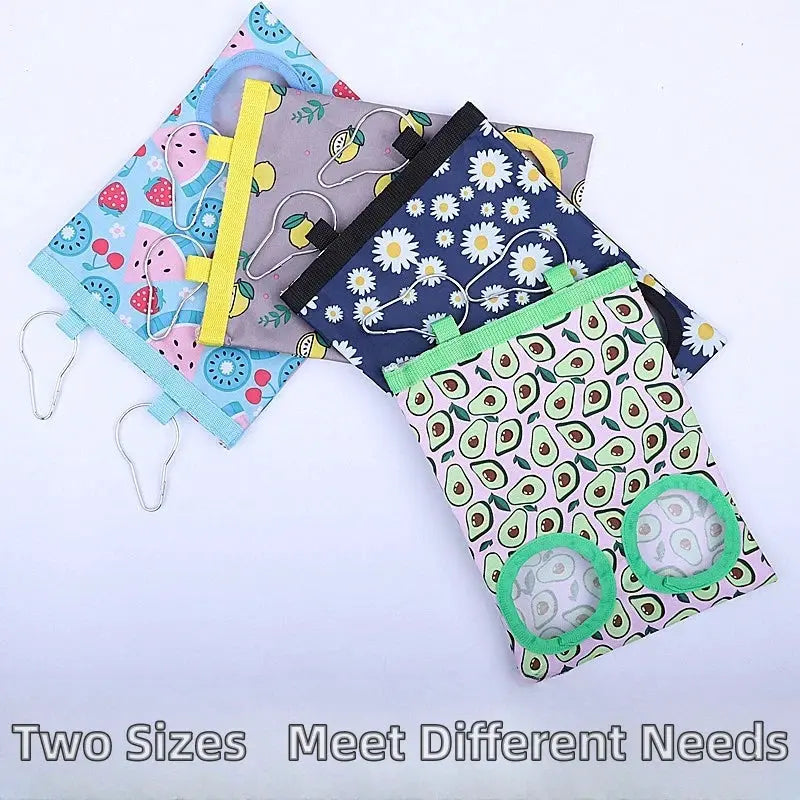 Rabbit hay bags by Simples Market, 2/3-hole hanging feeders in four assorted prints
