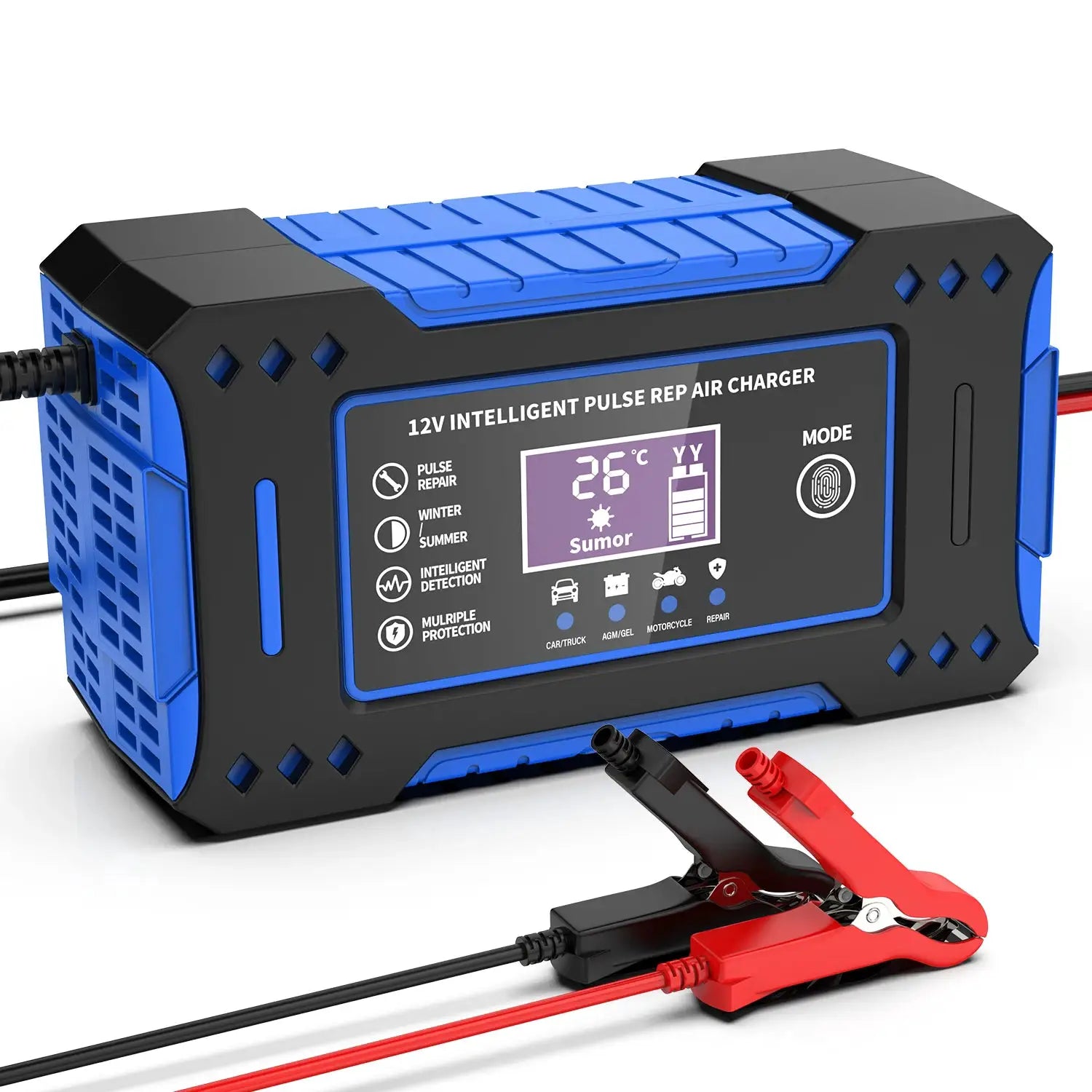 6A 12V battery charger for car and motorcycle batteries with LCD display, blue/black housing, and red/black clamps.