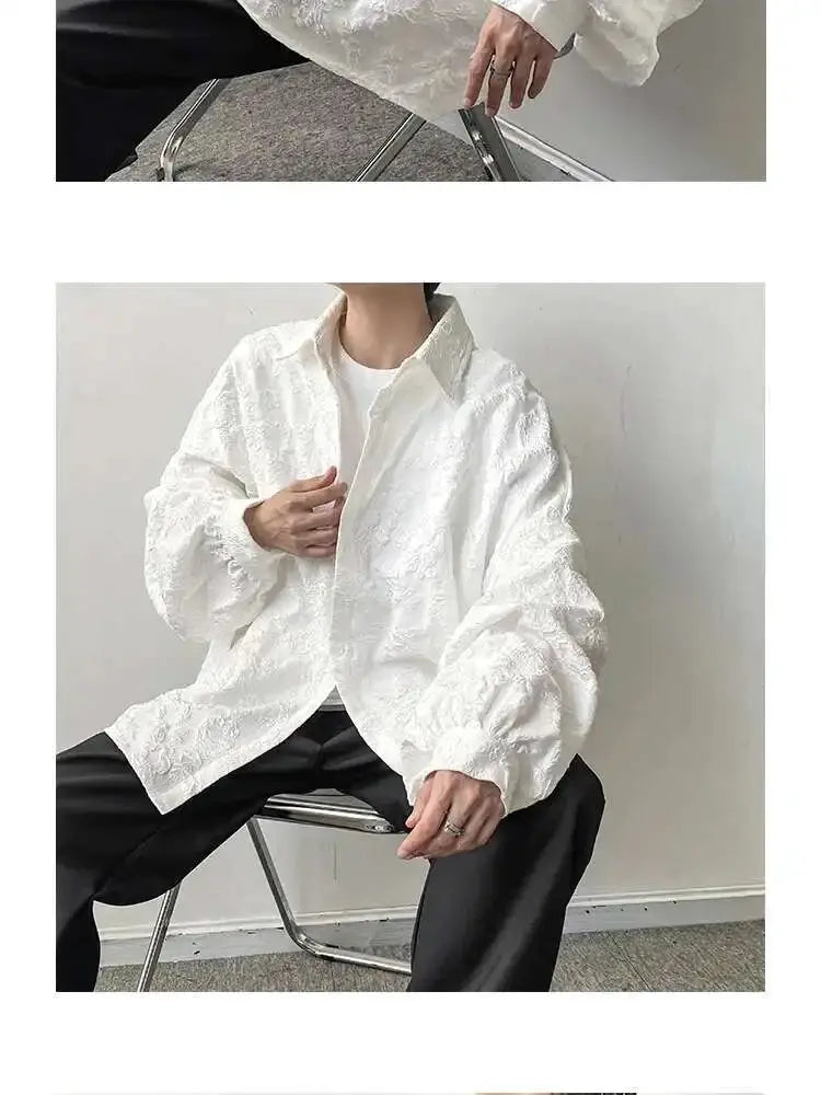 Shirt, white crumpled jacquard, bat-wing sleeves, turn-down collar, loose 2XL by Simples Market