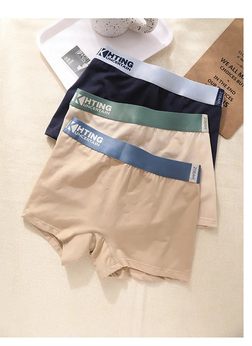3-pack 100% cotton women's panties with high-elastic waistbands; breathable antibacterial underwear in navy, green, and beige