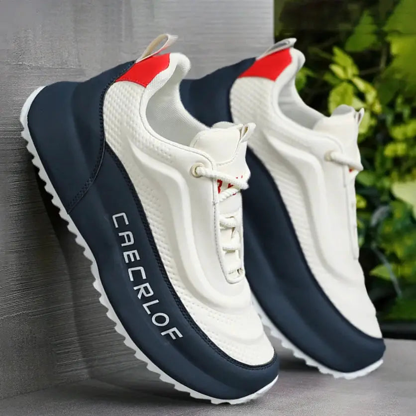 Pair of men's white and navy sneakers with red heel accents; CEECLOF brand, breathable wear-resistant running shoes.