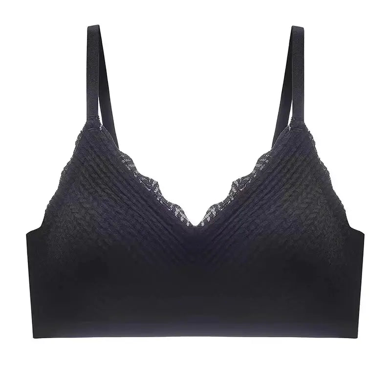 Lace seamless bralette in black with scalloped neckline and thin straps