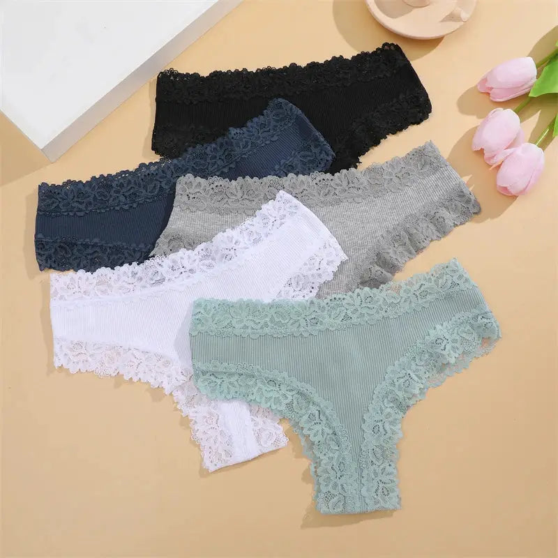 5-pack women's cotton lace-trim panties in black, navy, gray, white, and mint green
