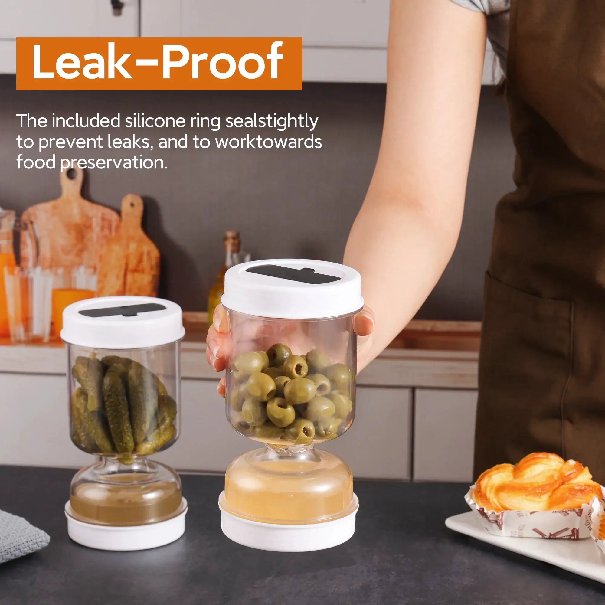 Olive And Pickle Strainer Jar With Hourglass Design Flip Mechanism For Airtight Food Storage