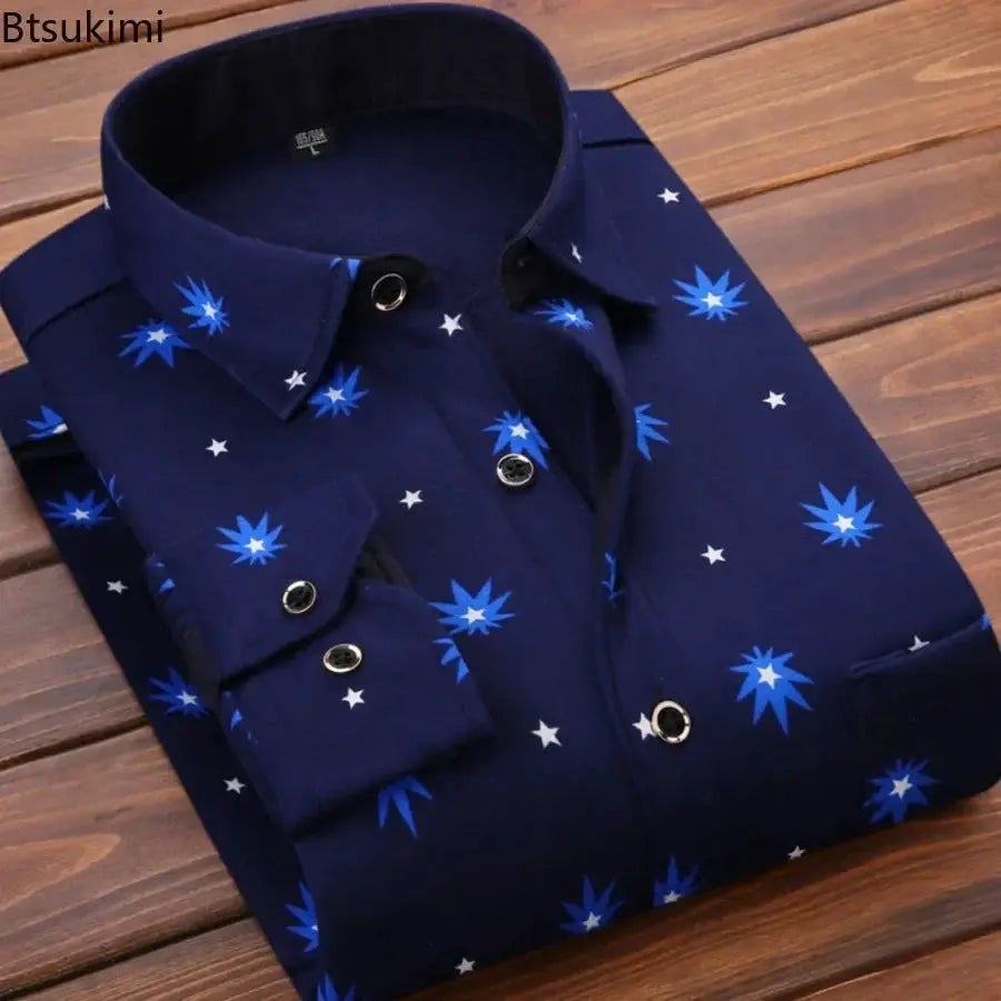 Men's navy long-sleeve shirt with blue starburst and white star prints, thick warm fabric, folded on a wood surface