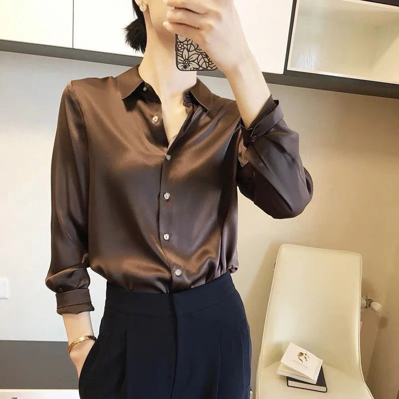 All Match Satin Finish Blouse For Women Turn Down Collar Three Quarter Sleeves Office And Casual Wear