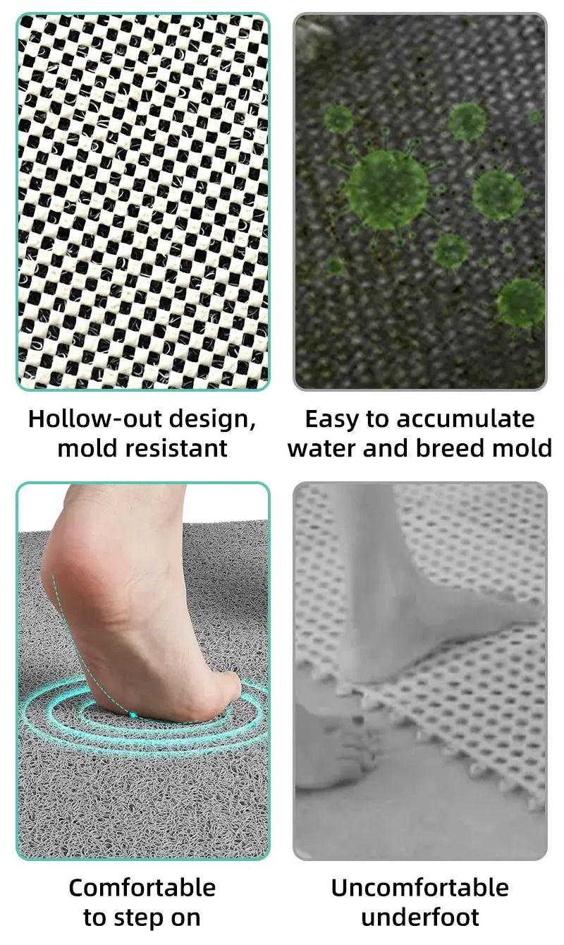Non-slip hollow bath mat, grey by Simples Market; hollow-out design, quick-drying, four-panel collage.