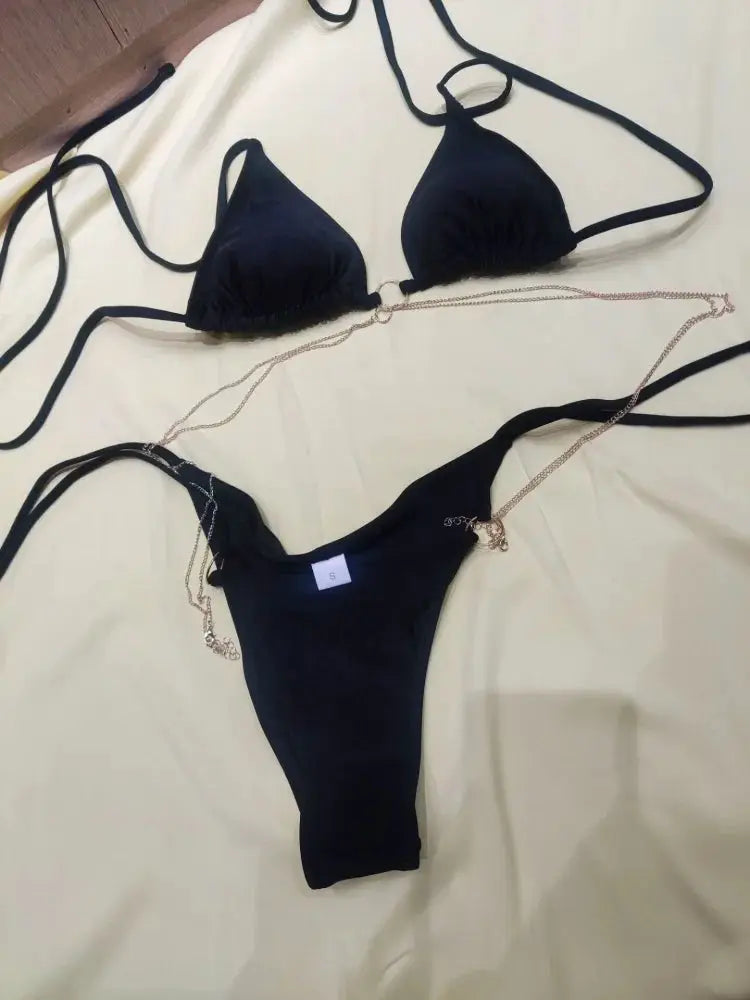 Black triangle bikini set with chain straps, 2-piece thong bottom