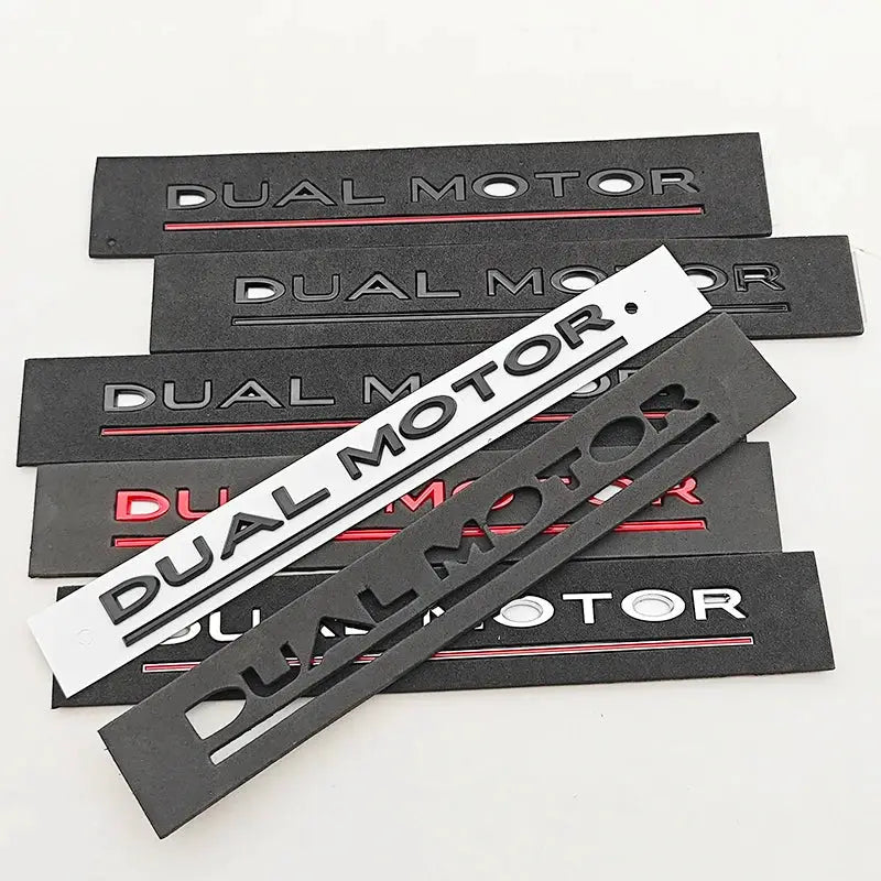 Dual Motor rear trunk badge set, 3D ABS chrome with black/red accents for Tesla Model Y S X