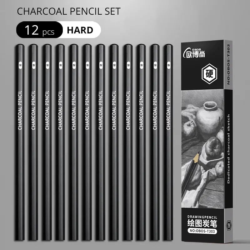 Charcoal pencil set, 12 pcs, hard grade, black drawing pencils for artists