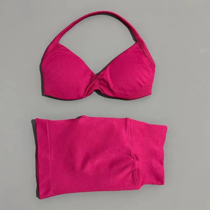 Histello 2 Piece Women Yoga Set Strappy Bra Top Scrunch Shorts